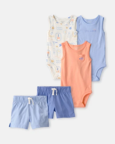 Baby Boy 5-Piece Sleeveless Bodysuits & Shorts Set - Blue/Orange