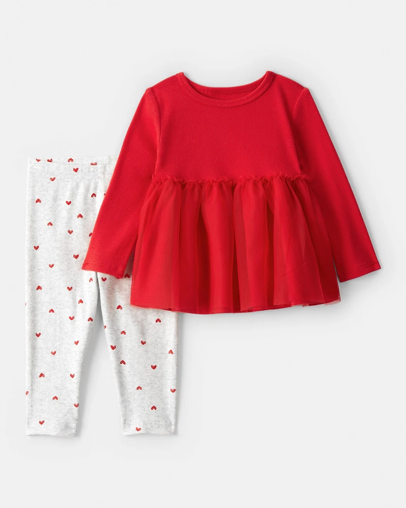 Baby Girl Long-Sleeve Tee & Heart Pant Set - Red