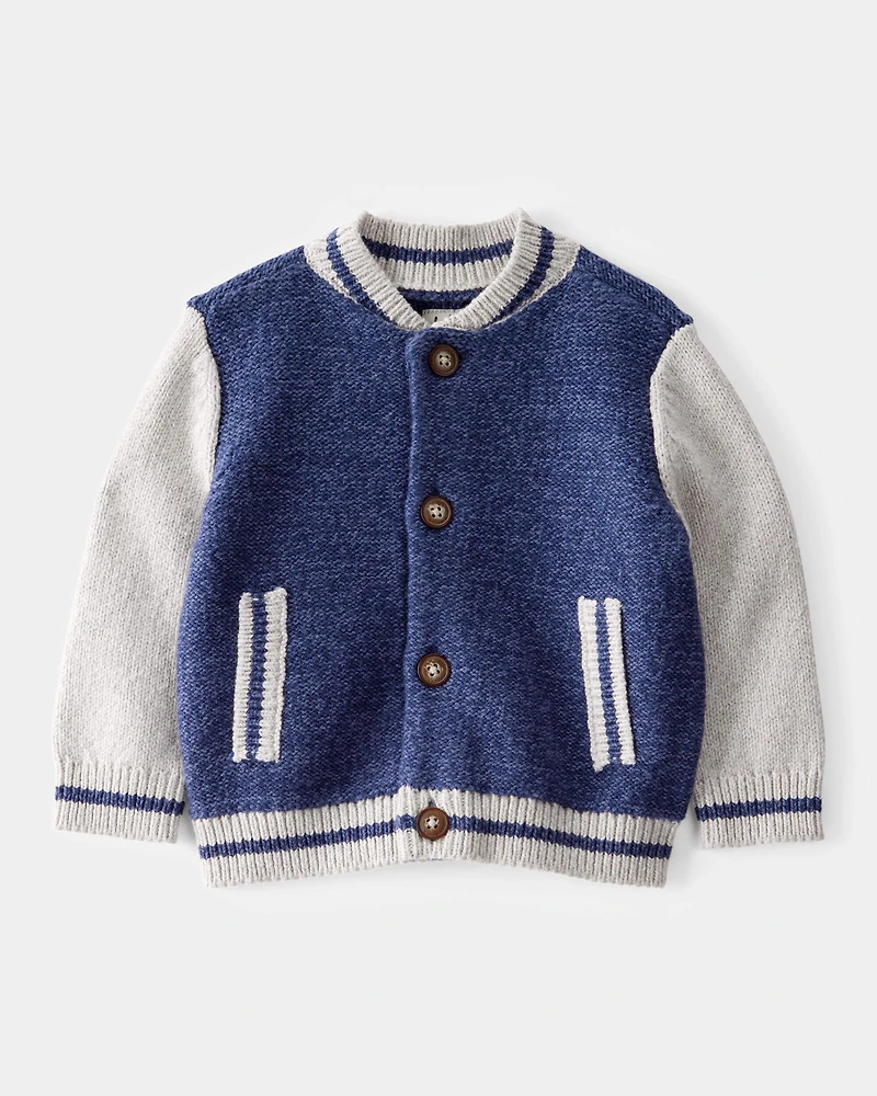 Baby Jersey Knit Varsity Button-Down Sweater - Navy