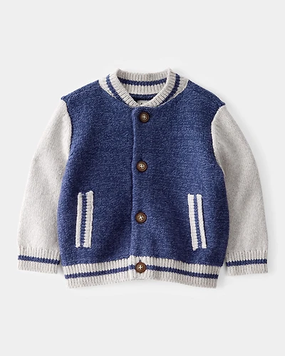 Baby Jersey Knit Varsity Button-Down Sweater - Navy