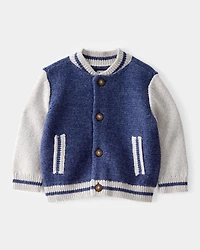 Baby Jersey Knit Varsity Button-Down Sweater - Navy