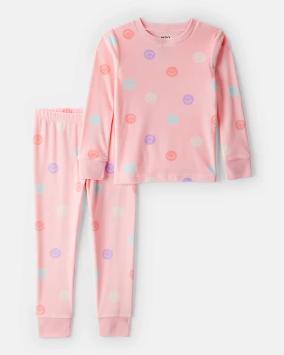 Toddler Girl Smiley Face Print DreamPlush Long-Sleeve Snug Fit 2-Piece Pajamas - Pink