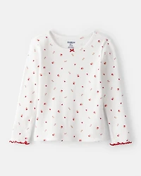 Toddler Girl Floral Print Ruffle Long-Sleeve Top - White