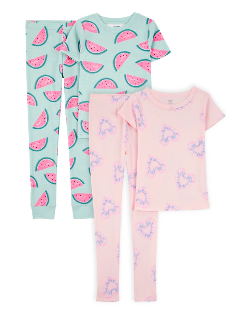 Kid 4-Piece Snug Fit 100% Cotton Pajamas - Pink/Turquoise