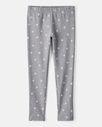 Girls Snowflake Print Cotton Pull-On Stretch Leggings - Grey