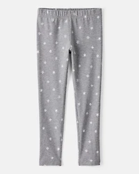 Girls Snowflake Print Cotton Pull-On Stretch Leggings - Grey