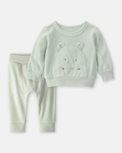 Baby 2-Piece Hippo Terry Pullover Sweatshirt & Pant Set - Green