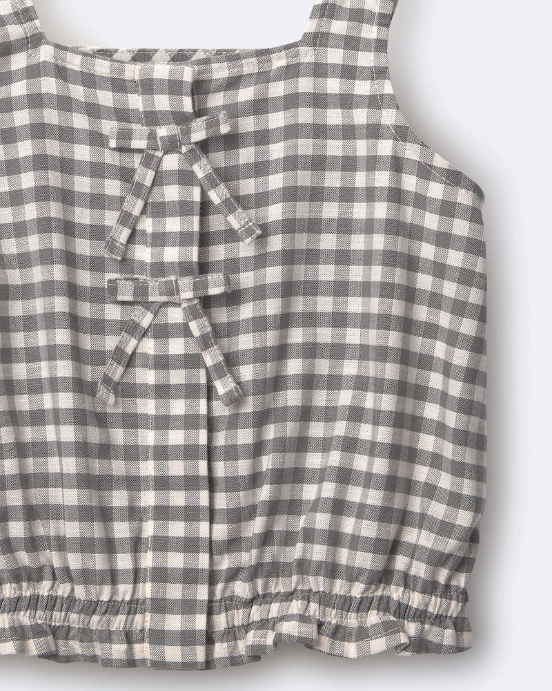 Toddler Girl Gingham Peplum Top with Bows - Cream/Grey