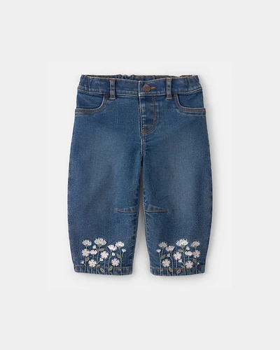 Baby Girl Floral Barrel Jeans - Dark Wash