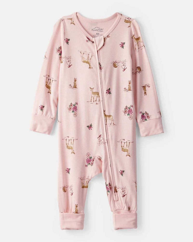 Baby Girl Deer & Floral Print PurelySoft Sleep & Play Pajamas - Pink