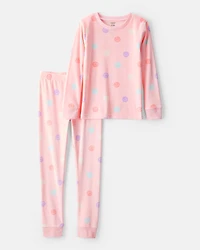 Girls Smiley Face Print DreamPlush Long-Sleeve Snug Fit 2-Piece Pajamas - Pink