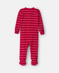Toddler Boy 1-Piece Moose Striped DreamPlush Snug Fit Footed Pajama - Red