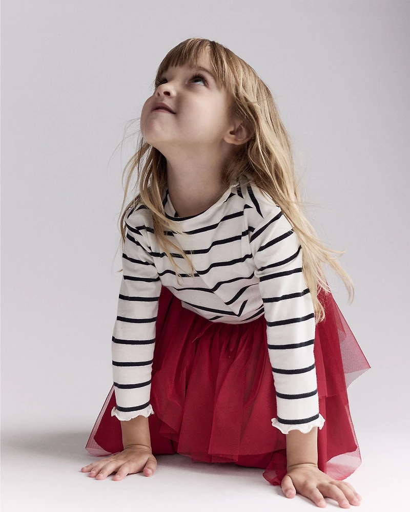 Toddler Girl Striped Mock Neck Ruffle Long-Sleeve Top - Black/White