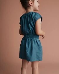 Toddler Girl Ric-Rac Swing Romper with Pockets - Blue