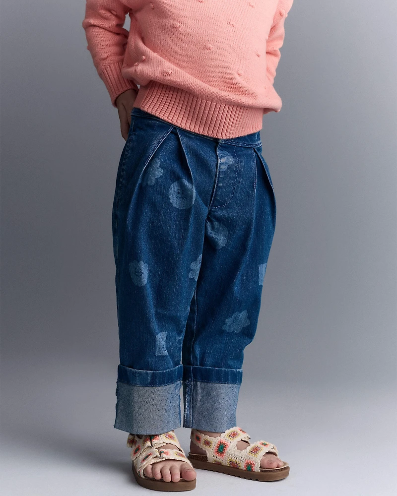 Toddler Girl Character Print Cuffed Pleat Pant in Denim - Blue