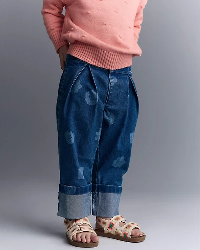 Toddler Girl Character Print Cuffed Pleat Pant in Denim - Blue