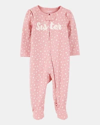 Baby Girl 'Little Sister' 2-Way Zip Cotton Sleep & Play Pajamas - Pink