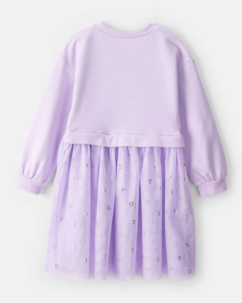 Girls Metallic Heart Long-Sleeve Tulle Dress - Purple