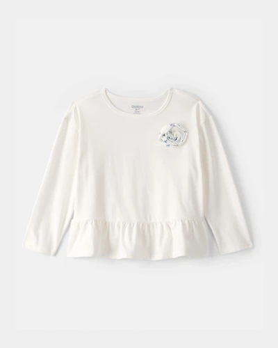 Toddler Girl Rose Applique Long-Sleeve Peplum Top - Ivory