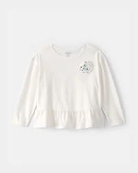 Toddler Girl Rose Applique Long-Sleeve Peplum Top - Ivory