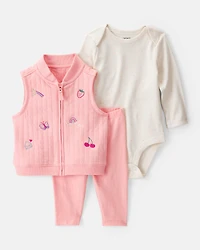 Baby 3-Piece Fruit Embroidered Little Vest Set - Pink/Ivory