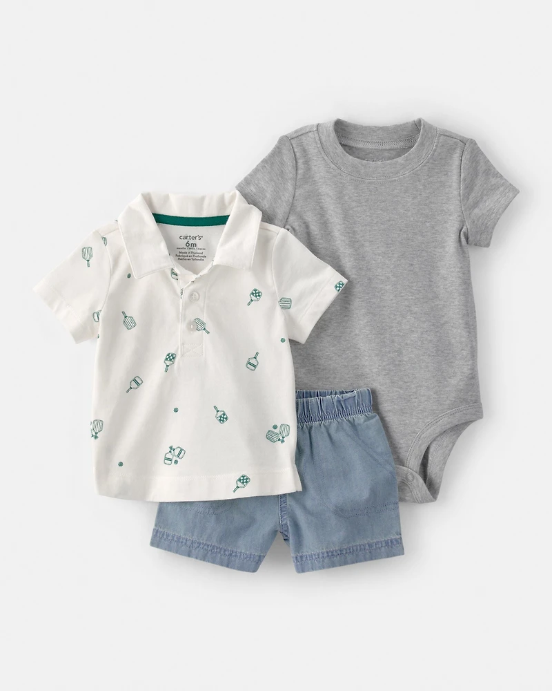 Baby Boy 3-Piece Pickleball Short-Sleeve Top, Bodysuit & Short Set