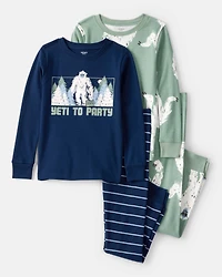 Boys Yeti Print 100% Cotton Long-Sleeve Snug Fit 4-Piece Pajamas - Green/Navy