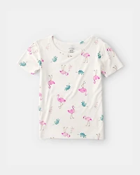 Girls Flamingo PurelySoft Short-Sleeve Snug Fit 2-Piece Pajama Set - Ivory