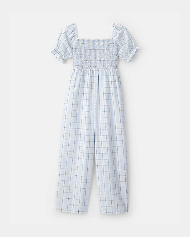 Girls Plaid Smocked Jumpsuit - Blue