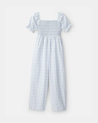 Girls Plaid Smocked Jumpsuit - Blue