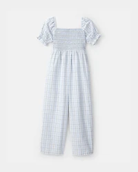 Girls Plaid Smocked Jumpsuit - Blue