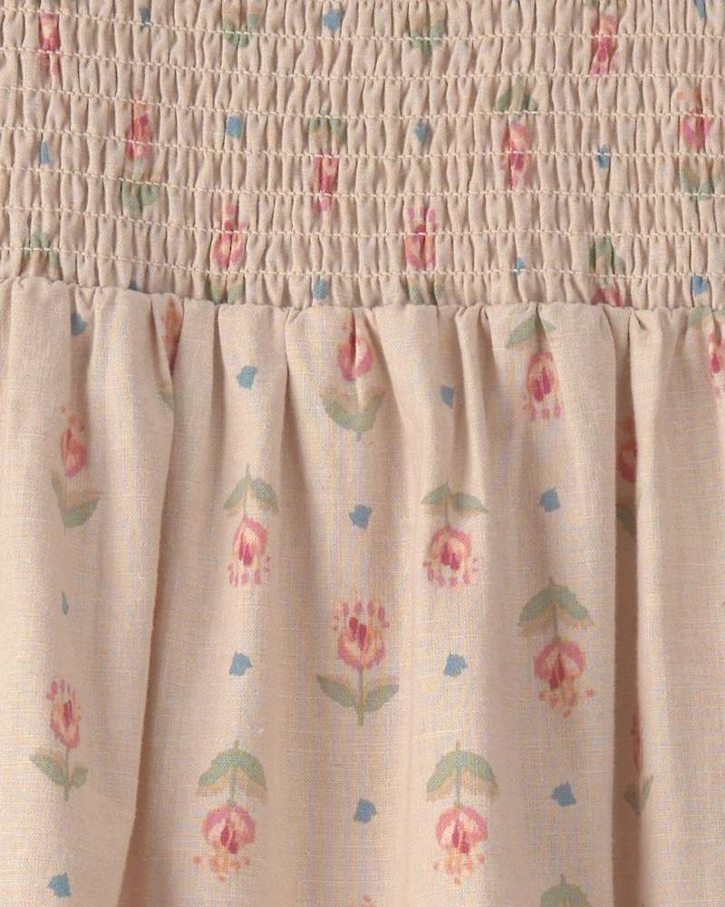 Girls Floral Smocked Midi Dress - Tan