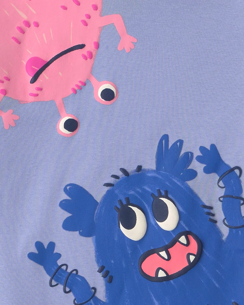 Girls 4-Piece Monster 100% Cotton Snug Fit Pajama Set - Blue/Cream