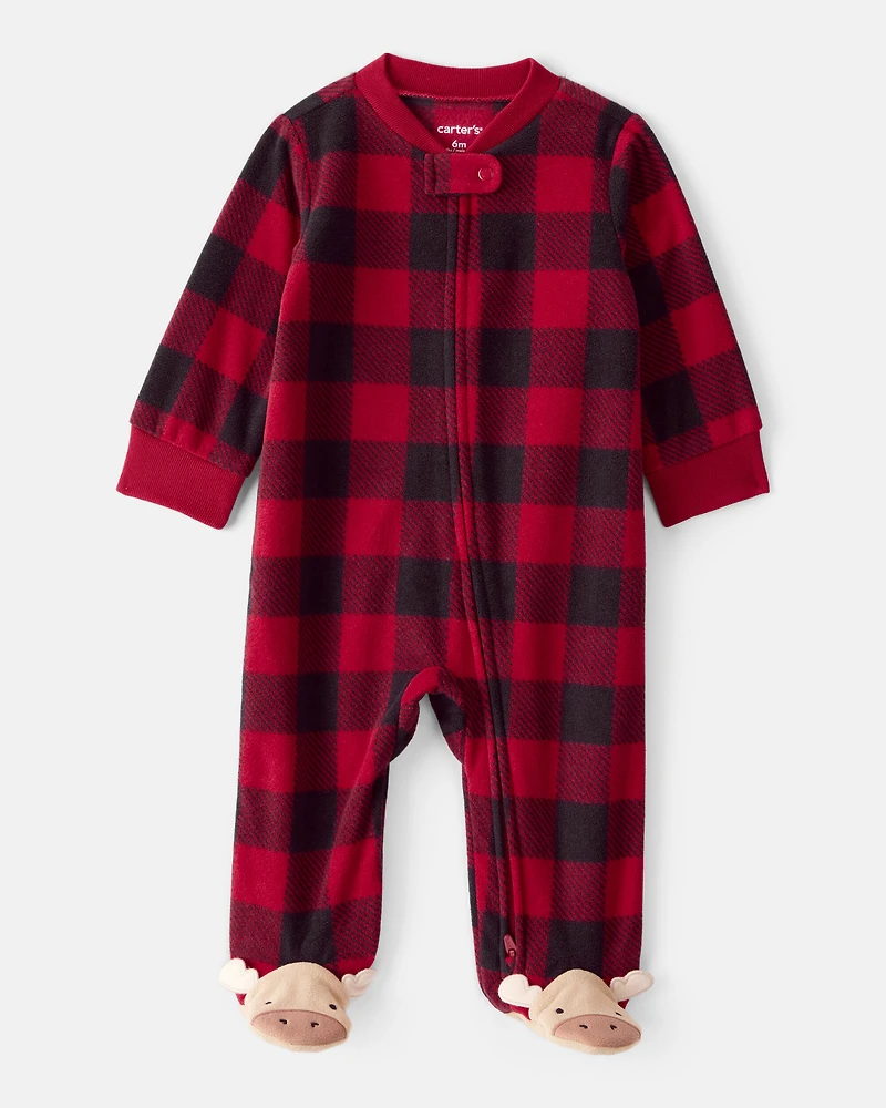 Plaid Print Reindeer Christmas Loose Fit Long-Sleeve Sleep & Play Pajamas - Red