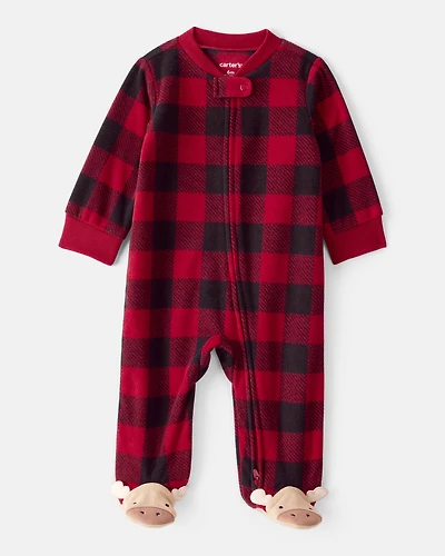 Plaid Print Reindeer Christmas Loose Fit Long-Sleeve Sleep & Play Pajamas - Red
