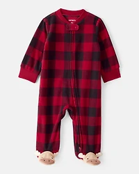 Plaid Print Reindeer Christmas Loose Fit Long-Sleeve Sleep & Play Pajamas - Red