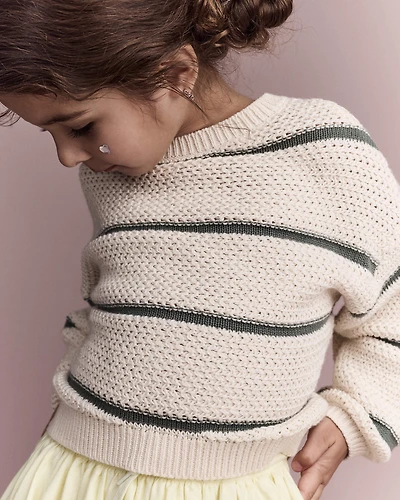 Toddler Girl Striped Balloon-Sleeve Sweater - Cream/Olive