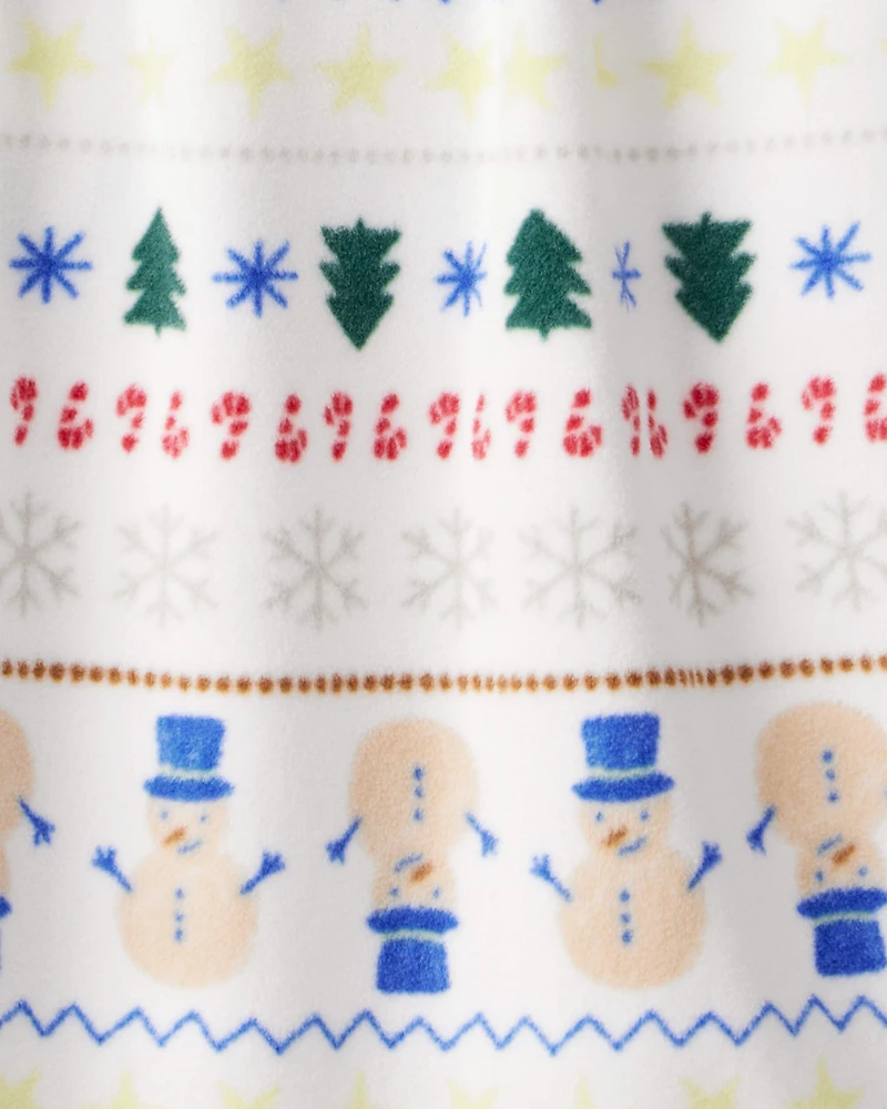 Girls Snowman Fair Isle Fleece Long-Sleeve Loose Fit Night Gown - White