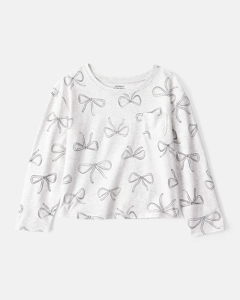 Girls Bow Print Long-Sleeve Top - Grey
