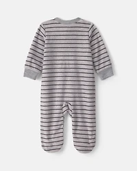 Baby Boy Monster Striped Fleece 2-Way Zip Sleep & Play Pajamas - Grey