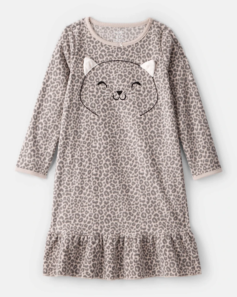 Girls Leopard Print Fleece Long-Sleeve Loose Fit Night Gown - Brown