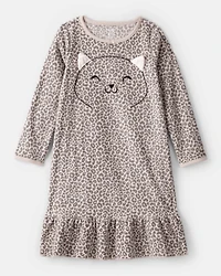 Girls Leopard Print Fleece Long-Sleeve Loose Fit Night Gown - Brown