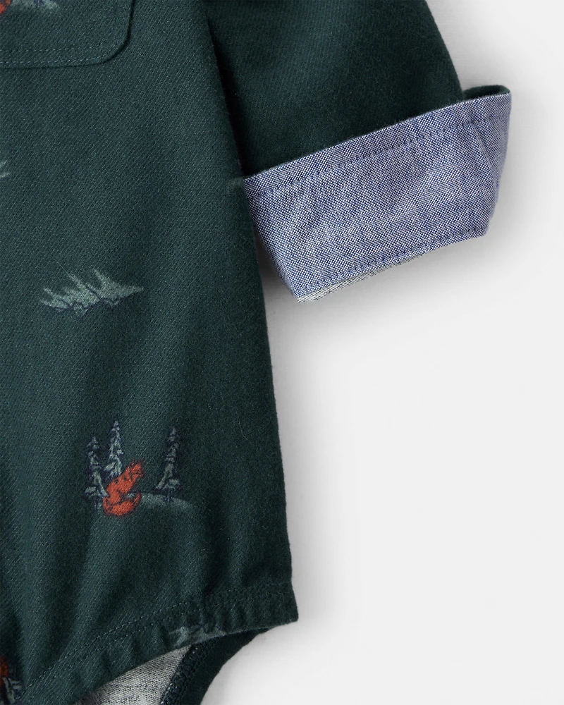 Baby Boy Woodland Fox Long-Sleeve Button-Down Bodysuit - Green