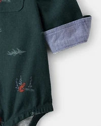 Baby Boy Woodland Fox Long-Sleeve Button-Down Bodysuit - Green