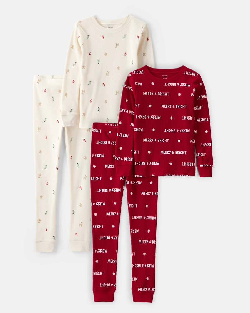 Kid Christmas Cotton Snug Fit 4-Piece Pajamas - Red/White