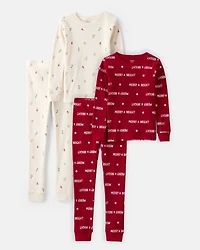 Kid Christmas Cotton Snug Fit 4-Piece Pajamas - Red/White