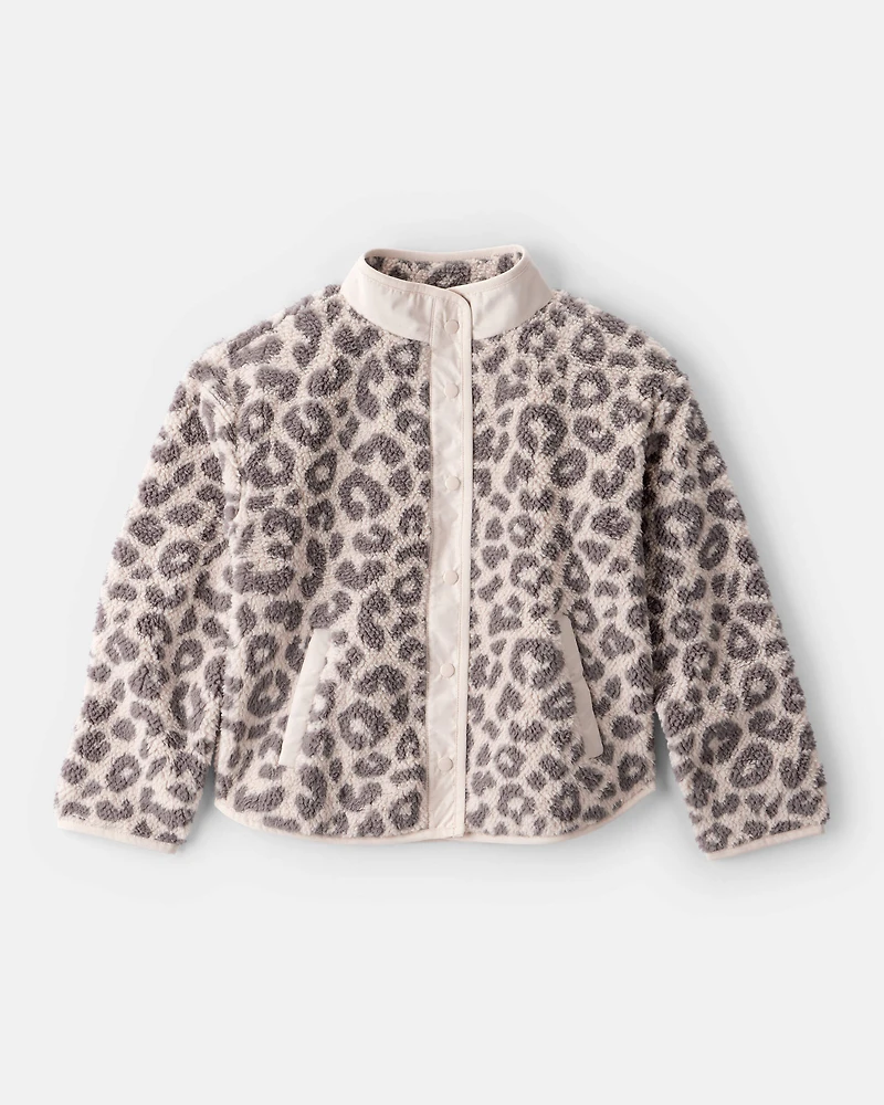 Girls Leopard Print Long-Sleeve Sherpa Jacket - Brown