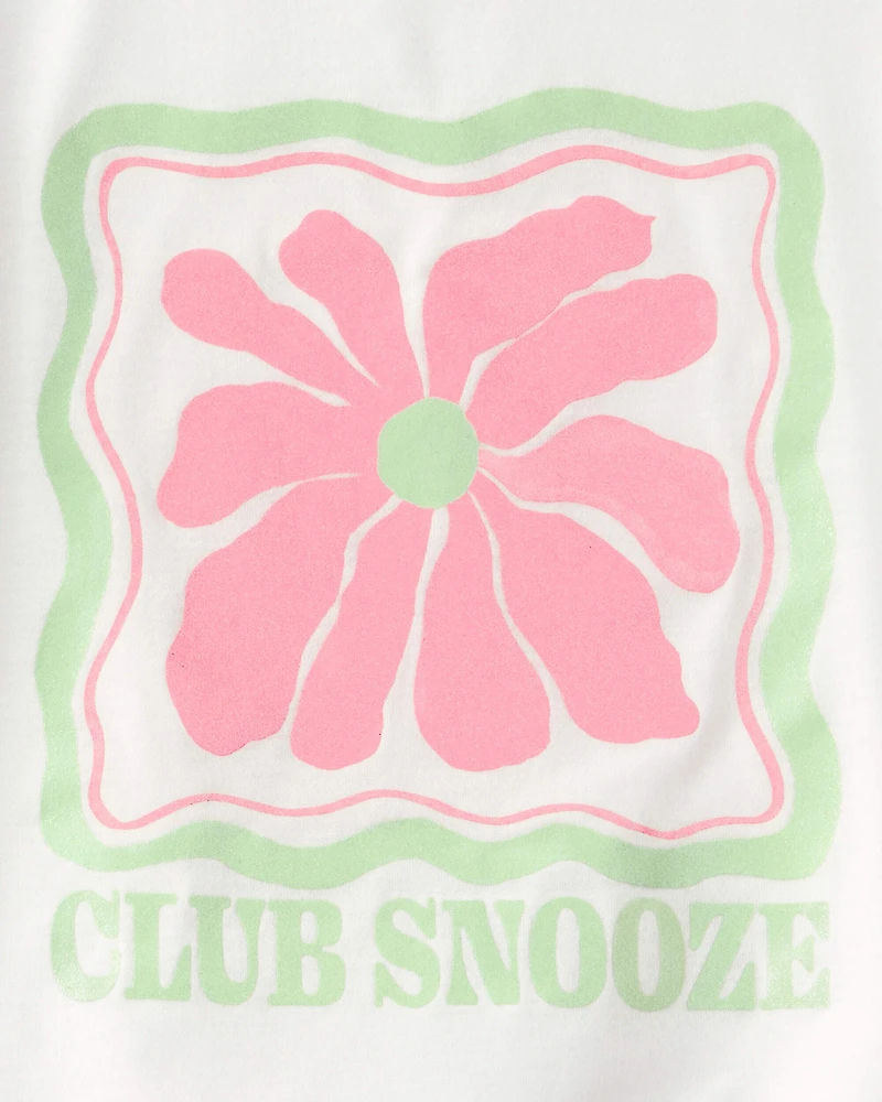 Girls 'Club Snooze' Flower Short-Sleeve Loose Fit 2-Piece Pajama Set - Ivory/Green