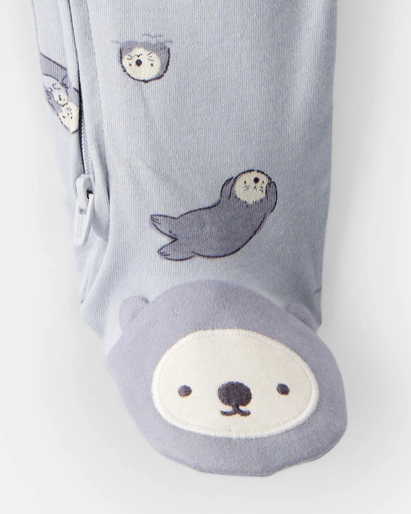 Baby Otter Print 100% Cotton Long-Sleeve Snug Fit Sleep & Play Pajamas - Blue