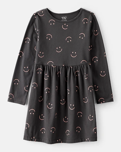 Girls Smile Print Long Sleeve Cotton Dress - Black